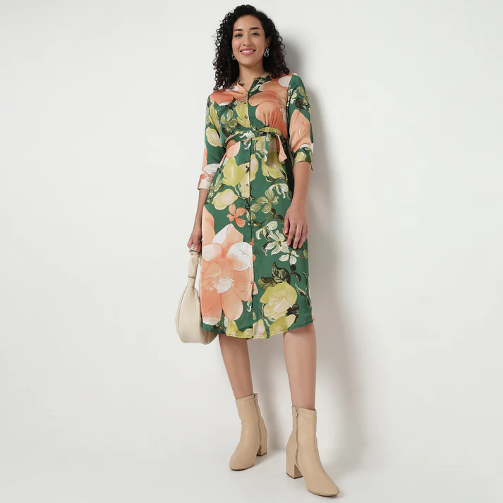 Printed Band Collar Dress